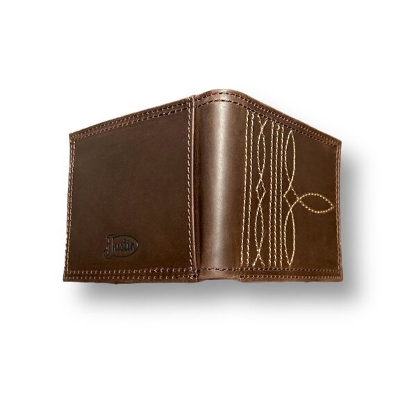 Justin Brown Genuine Leather Slim Bifold Wallet RFID Western Boot Stitching NIB - Picture 4 of 7